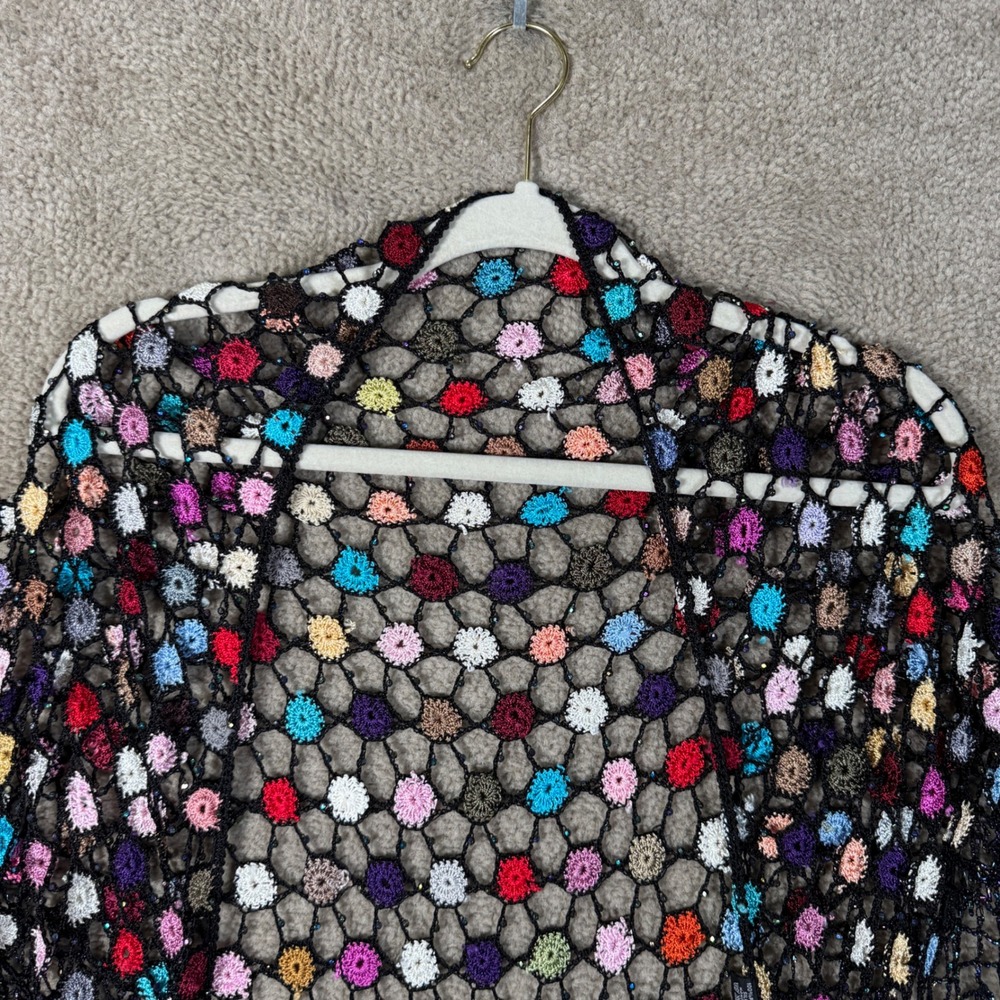 Artsy Crochet Shawl Women One Size Black Multi Color Beaded Fringe Boho Wrap - Picture 3 of 10
